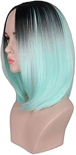 Wigs Europe Graded Short Straight Hair Dyed bob Wig Woman Bob Short Curly Hair Wig Black Wavy Wig Bangs Wig(Black Gradient Mint Green)