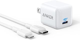 انكر شاحن نانو 20 واط بي اي كيو 3.0 سريع مدمج ومتين مع كيبل USB-C الى لايتنينج بطول 6 قدم باور بورت III لايفون 12/12 ميني/12 برو/12 برو ماكس/ايباد والمزيد ابيض