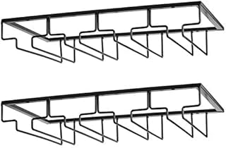 رف كؤوس النبيذ - حامل كؤوس النبيذ تحت الخزانة، حامل زجاج النبيذ، شماعة تخزين النظارات، عبوتان من منظم معدني للبار والمطبخ، 4 صفوف، اسود