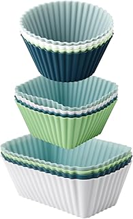 GLADFRESIT 12Pcs Silicone Cupcake Mould Set, Non Stick Cups Square Rectangle Round Muffin Cake Moulds Food Grade Air Fryer Liners for Jelly Desserts Cakes Bread Treats(Green)