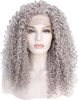 Wig European style and woman granny gray wig ladies wig front lace wig long curly wig synthetic braid(24 Inches)