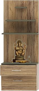 Mahmayi Wooden Mandir, Temple with 2 Drawers for Storage Essentials and 3 Shelves for God Statue Sturdy Steel Legs Ideal for Home, Office, Temple - Vintage Santa Fe Oak and Lava Grey