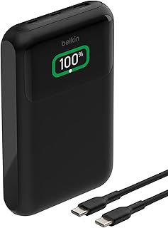 باور بانك Belkin BoostCharge سعة 20 ألف مللي أمبير بـ 3 منافذ لشحن اللابتوب، منفذا USB-C وUSB-A، شحن سريع عبر USB-C، شاحن محمول لـ MacBook وسلسلة iPhone 15 وiPad Pro وGalaxy S24 وغيرها - أسود