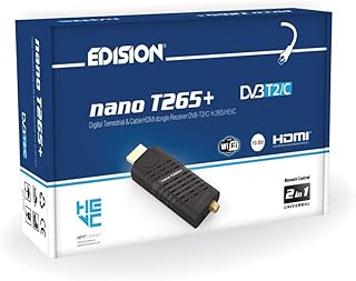 ايديسون جهاز فك تشفير رقمي T265+ دونجل 2024 DVB-T2 من نانو، FHD H265 HEVC، 10 بت، FTA، USB، HDMI، مستشعر اشعة تحت الحمراء، دعم واي فاي USB، جهاز تحكم عن بعد عالمي 2 في 1، الرئيسية 10