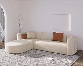 Luxury Modern Tight Curved Back Velvet Sofa, Minimalist Style Comfy Couch for Living Room Apartment Reception Space, Cream L-Shape Left Chaise L 300X W 95 X H 65