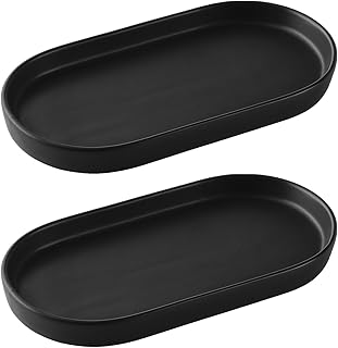 2 Pack Matte Black Round Soap Dispenser Tray - 8'' Ceramic Vanity Tray & Organizer Plate Set, Bathroom & Kitchen Countertop Decor for Soap Dispenser, Jewelry, Cosmetics, Sink