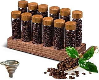 Labymos 12pcs Single Dose Coffee Bean Storage Tubes Borosilicate Glass Coffee Bean Cellar Container with Lids Wooden Display Stand and Funnel for Countertop