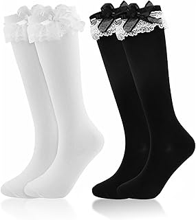 BD-Herego 2Pair White Lace Knee High Socks Lovely And Cute Lace Ruffle Bow Long White Socks, Opaque Bow Lace Thigh High School Stocking for Women Lolita Heiress Valentine's Day Favors