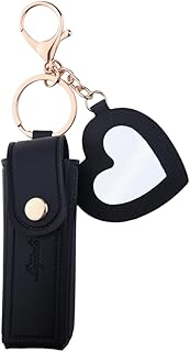 yaozeio Lip Balm Holder Keychain Charm Leather Lipstivk Holder with Mirror Chapstick Holder Key Chain Black White Bag Charms, Black, S