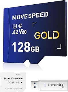 موف سبيد بطاقة Micro SD سعة 128GB، بطاقة ذاكرة Micro SD حتى 170 ميجابايت/ثانية، A2 U3 V60، تسجيل فيديو بدقة 4K FHD، مع قارئ بطاقات ومحول، لمسجل القيادة