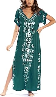 Women Embroidered Kaftan Dress Short Sleeve Caftan Lounge Wear Beachwear House Dresses Green