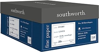 ساوثورث اظرف #10 من القطن بنسبة 25%، 4.1 انش × 9.5 انش، 24 باوند/90 غرام لكل متر مربع، لمسة نهائية من الكتان، عاجي، 250 ظرف - قد تختلف العبوة (J564-10)