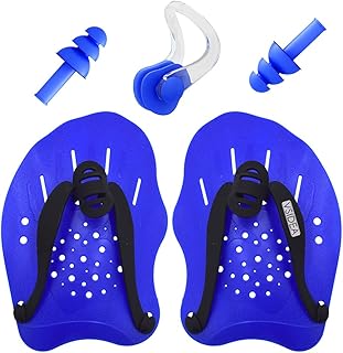 vsidea Swim Training Hand Paddles with Ear Plugs and Nose Clip, Adjustable Straps Contour Swimming Paddles for Women Men and Children Professional Swimming Accessories