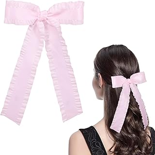 Miroksh Light Pink Ruffle Ribbon Hair Bow Clips with Long Tail for Women Girls Big Stylish Satin Ponytail Holder Decor Accessories Slides Metal Clips Hair Bow for Any Occasion 5.5in