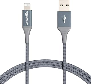 كيبل شحن USB نوع A الي لايتنينج من النايلون معتمد من ابل لـ ابل ايفون وايباد مع قابلية الطي 10000مرة من أمازون بيسيكس - لون رمادي داكن، بطول 2 متر (قطعتين)