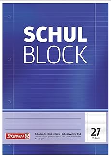 Brunnen 1052527 School Block/Notepad (A4, 50 Sheets, Lined, with margins, 27 Lines, Perforated, top glued, 70g/m²)