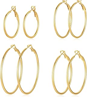 4 Pairs Silver Gold Hoop Earrings for Women | 14K Gold Plated Hoop Earrings Set Hypoallergenic Earring Lightweight Dangle Earrings Set