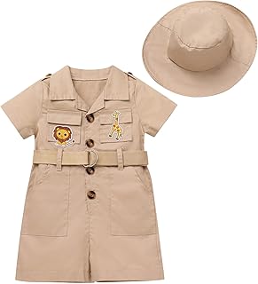 EFOGEP Wild One Birthday Decorations: Baby Boys Girls Safari Explorer Costume Short Sleeve One Piece Romper Jumpsuit with Belt Hat 2PCS Cake Smash Froest Adventure Zoo Keeper Outfit Khaki 18-24 Months