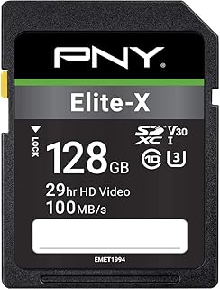 PNY بطاقة ذاكرة فلاش ايليت اكس كلاس 10 U3 V30 SDXC سعة 128GB - 100 ميجابايت/ثانية، الفئة 10، U3، V30، 4K UHD، UHS-I، ذاكرة SD كاملة الحجم