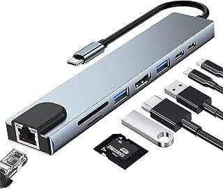 موزع USB من النوع C 8 في 1، محول متعدد المنافذ مع 4K HDMI وخاصية باور ديلفري، C، ايثرنت، 2 USB، قارئ بطاقة SD/TF متوافق ماك بوك برو واكس بي اس وغيرها الاجهزة بمنفذ نوع