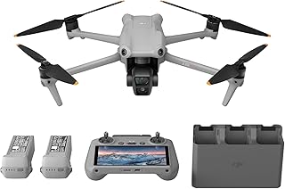 DJI طائرة درون اير 3 فلاي مور مع جهاز تحكم عن بعد DJI RC 2 (شاشة تحكم عن بعد)، درون مع كاميرات اساسية مزدوجة متوسطة وزاوية عريضة للبالغين 4K HDR، مدة طيران 46 دقيقة، 48 ميجابكسل، O4، بطاريتان اضافيتان