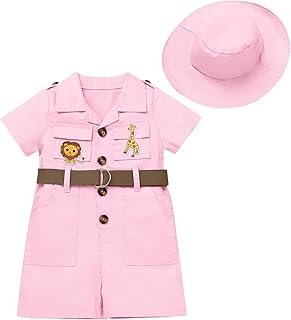 EFOGEP Wild Birthday Decorations Baby Boys Girls Safari Explorer Costume Short Sleeve Romper Jumpsuit with Belt and Hat 2 Pieces Cake Smash Clothing Froest Adventure Zoo Keeper Outfit