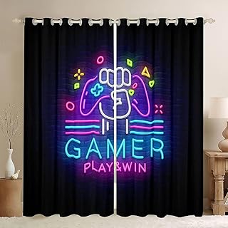 Manfei Modern Gamer Window Curtains Videogame Controller Gamepad Window Drapes for Living Room Video Games Window Treatment Grommet Top Microfiber Fabric 2 Panel Set Curtains, 104Wx90L inch