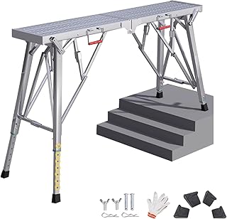 هاي يوجو منصة سقالة بارتفاع قابل للتعديل، منصة عمل قابلة للطي، سلم سقالة محمول من الالومنيوم، مقعد عمل محمول غير قابل للانزلاق، سعة 660 باوند للجدران الجافة وتنظيف المركبات الترفيهية، 140 × 25 سم