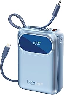 بروميت باور بانك مع كيبل USB نوع سي مدمج سريع الشحن 20000 مللي امبير في الساعة توصيل طاقة USB-C 35 واط ومنفذ USB-A 22.5 كوالكوم كيو 3.0 بود-20 أزرق