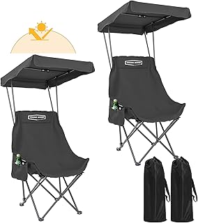 YOUNG WOOD Portable Camping Chair Beach Chair with Shade Canopy, Fold Lightweight Oversized for All, Easy to Open, Close Without Installation, Side Pocket Design for All Outdoor Activities, Black,2p