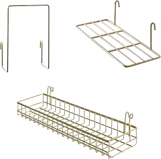 فرايد سلة شبكية ذهبية مع خطافات، رف كتب، رف عرض للوحة الحائط الشبكية، منظم يثبت على الحائط ورف تخزين للمستلزمات المنزلية، مجموعة واحدة من 3 قطع (ذهبي)، حديد