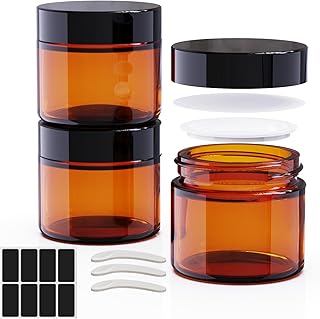 3Pack 2oz Round Amber Glass Storage Jars with Black Lids and Inner Linners, Empty Cosmetic Containers for Cream, Lotion, Powders, Salves, Slime, Refillable Jars for travel,Candle Jars (3, Amber)