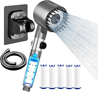 Shower Head with Hose 1.5 m, Holder and 5 Filters, High Pressure Hand Shower Head with Filter, Water-Saving Filtration 3+1 Jet Types, for Removing Anti-Limescale Residual Chlorine, Heavy Metal (Grey)