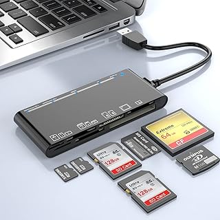 قارئ وكاتب بطاقات ذاكرة USB 3.0 لبطاقة سي اف وبطاقة اكس دي وبطاقة اس دي وبطاقة مايكرو اس دي وبطاقة ام اس مع تصميم كيبل USB 13 سم - 5 بطاقات للقراءة في وقت واحد