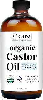 C CARE Castor Oil Organic Cold Pressed Unrefined Glass Bottle USDA Certified 100% Pure Organic Castor Oil Hexane Free Extra Virgin for Hair Growth Eyebrows Eyelashes Skin Use with Castor