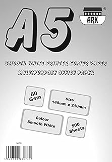 ARK ورق طابعة ابيض ناعم مقاس A5 (نصف ايه 4) للاستخدام اليومي 80 غرام لكل متر مربع، ورق مكتب متعدد الاغراض (500 ورقة) (1)