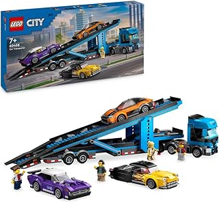 شاحنة نقل السيارات ذات السيارات الرياضية من LEGO City، مجموعة لعبة 4 مركبات للصبيان والبنات بعمر 7 سنوات أو أكثر، هدية ممتعة للأطفال، 4 شخصيات صغيرة للعب التخيّلي 60408