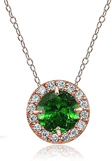 Rose Gold Flashed Sterling Silver Genuine, Created or Simulated Gemstone Cubic Zirconia Accents Round Halo Necklace