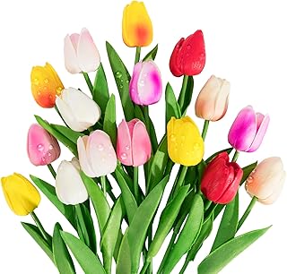 SMALUCK 16 Pcs Artificial Tulips Flowers Fake Flowers Latex Tulips Real Touch for Party Home Wedding Decoration and DIY Decor, Multicolor