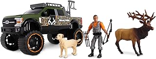 NKOK Realtree Camo 1/18 Scale Free-Wheel Playset 8-PC Set, Ford F-250 Super Duty w/ Accessories: Roll Bar, Roof Rack, Light Bar, Working Doors and Tailgate, Game Hoist, Hunter, Bow&Arrows, Dog & Elk