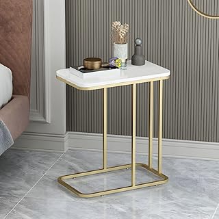 DDS Dream Decor Shoppee Slim C Shaped Side Table, Iron Frame MDF Top Modern Accent Coffee Table Compact Bedroom Bedside Tables Lamp Table with Metal Frame Living & Bed Room Decor (Golden White)