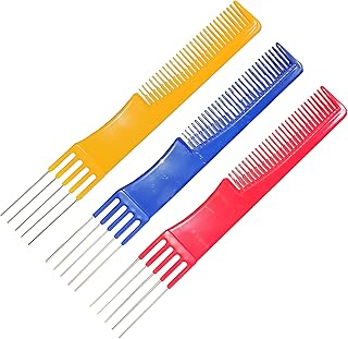 Beautifultracy 3 Packs Teasing Comb with Metal Pick Combs for Women Hair Pick Comb for Hair Styling (Blue, red and yellow)