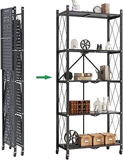 ارفف تخزين قابلة للطي من 5 طبقات، رف رف مع حامل فرن الميكروويف، ارفف معدنية مع عجلات، رفوف جراج خالية من التركيب للمطبخ وغرفة المعيشة وغرفة النوم وخزانة الخباز، اسود