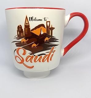 Welcome to Saudi Decorative Coffee Mug, White Ceramic with Red Handle, Arabian Cityscape Design