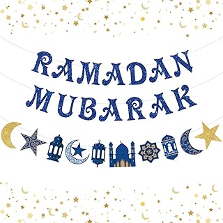 لافتة زينة بعبارة «Ramadan Mubarak» بلون أزرق لامع مع أشكال نجوم وهلال لتزيين الحفلات الاسلامية، زينة رمضان للمنزل ومستلزمات حفلات رمضان الكريم واكليل نجوم وقمر من جوي ميمو