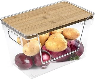 LEAWALK Pantry Organizer Storage Stackable Kitchen Laundry Organizers, Food Container PET plastic Transparent Body with Bamboo Lidfor Onion, Potato, Fruit, Produce, Vegetable