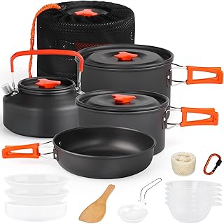 Gutsdoor Camping Cookware Set Camping Cooking Set Non Stick Family Backpacking Cooking Set Lightweight Stackable Pot Pan Bowls with Storage Bag for Outdoor Hiking