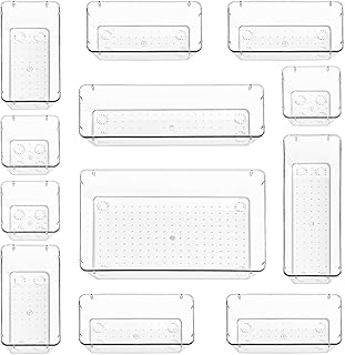 مجموعة منظم ادراج من ستاكزي - صينية تنظيم مكياج للادراج - صينية حاوية مستحضرات تجميل شفافة لغرفة النوم - مقسم مجموعة ادوات المائدة - تخزين وتنظيم المطبخ - 12 عبوة