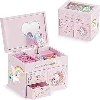 Lolalet Wooden Jewelry Box with Unicorn for Girls, Musical Children's Jewelry Organizer, Gift for Toddler Age 2 3 4 5 6 7 8 9 on Birthday -Pink