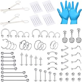 JIESIBAO 66-113pcs Mixed Piercing Kit,Piercing Kits for All Piercings Stainless Steel 14G 16G 18G 20G Nose Septum Cartilage Tragus Earrings Belly Tongue Lip Ring